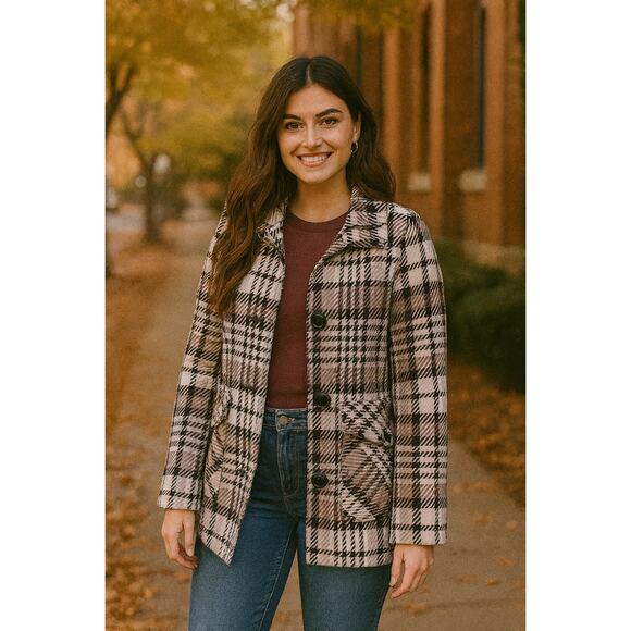 Soia & Kyo Wool Plaid Houndstooth Jacket Cream Toggle Full Zip Medium Fall Layer - Picture 1 of 10